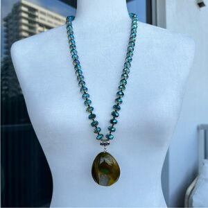 Blue Green Iridescent Crystal Bead Statement Necklace w/ Druzy Pendant 17 1/4”